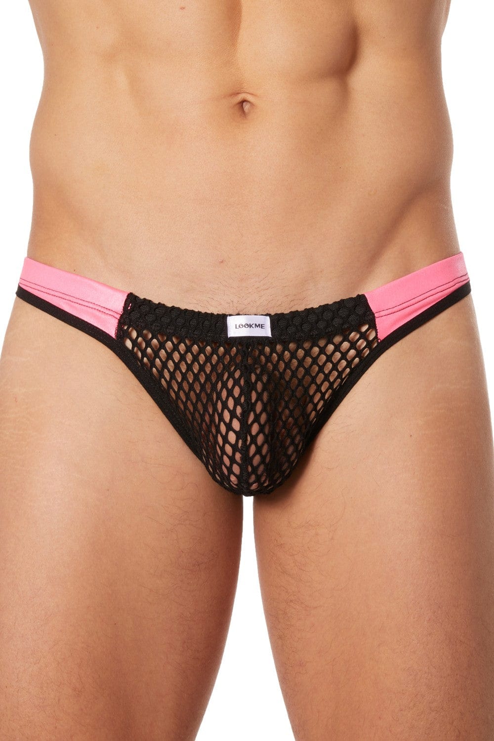 String noir filet avec bandes simili cuir roses - LM911-57MBKM