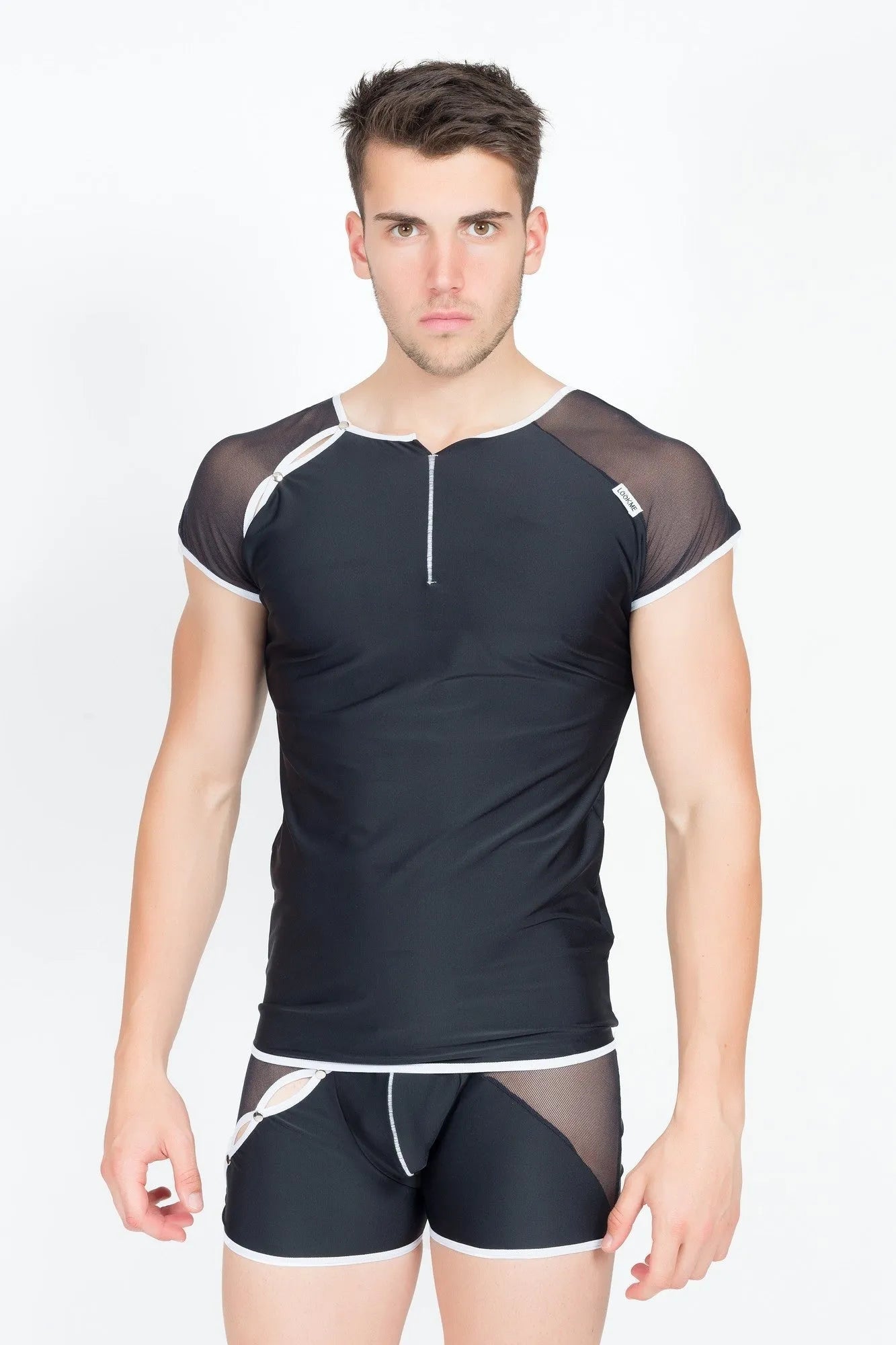 T-Shirt Bi-Matière Mode Deux Couleurs Avec Fausse Fermeture
