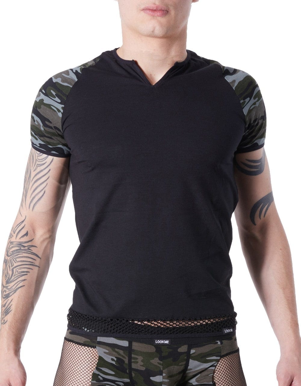 T-shirt noir sexy armée déco camouflage sur les manches et col rond ouvert - LM814-81BLK