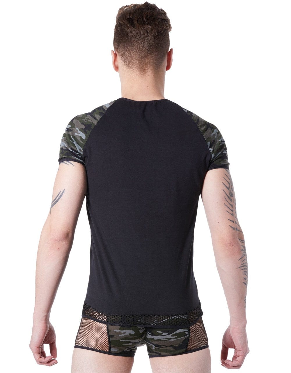 T-shirt noir sexy armée déco camouflage sur les manches et col rond ouvert - LM814-81BLK