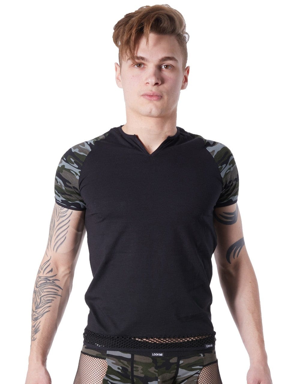 T-shirt noir sexy armée déco camouflage sur les manches et col rond ouvert - LM814-81BLK