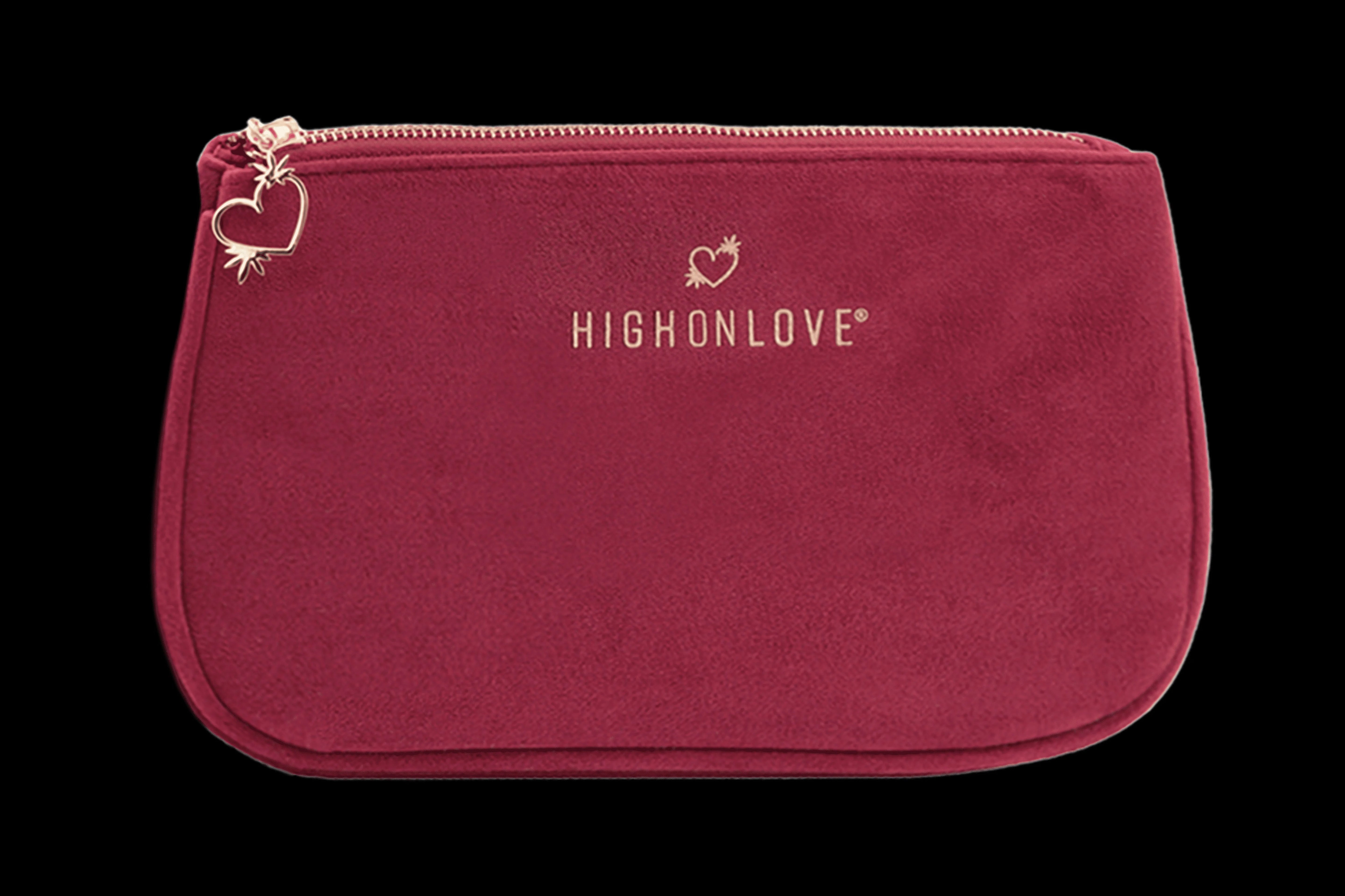 Pochette en velours High On Love design élégant fermeture éclair cœur rouge compartiments rangement produits beauté accessoires intimes