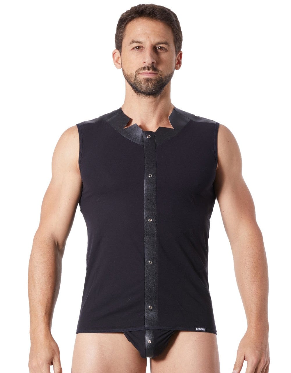 V-shirt débardeur noir satiné avec bandes style cuir et dos avec transparence - LM807-77BLK