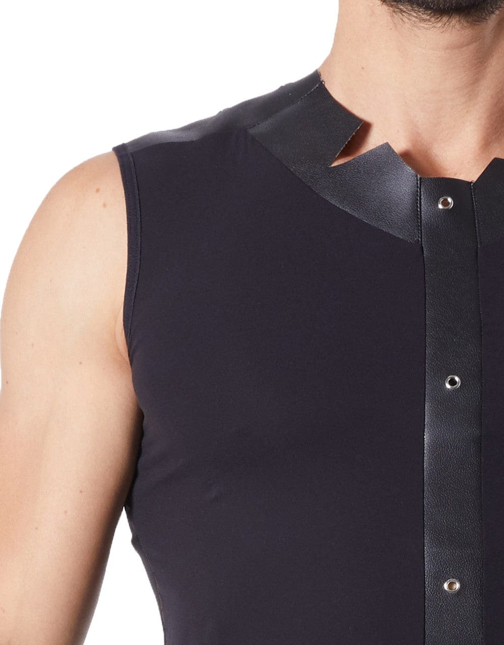 V-shirt débardeur noir satiné avec bandes style cuir et dos avec transparence - LM807-77BLK