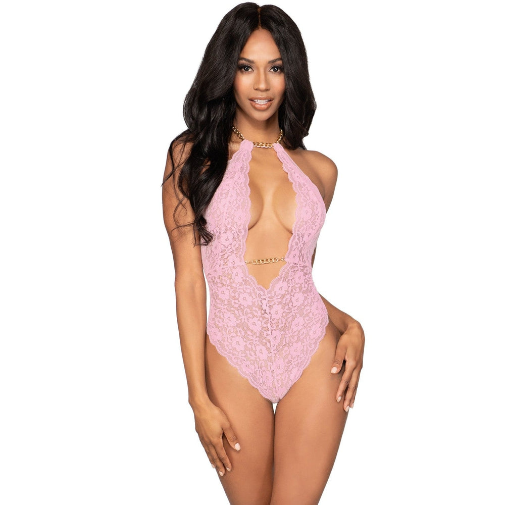 Body rose en dentelle stretch avec chaines amovibles - DG12483PNK