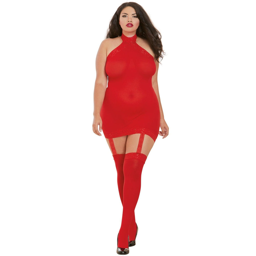 Bodystocking rouge grande taille effet guêpière avec dentelle - DG0035XRED