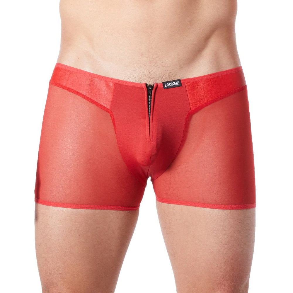 Boxer rouge sexy avec fermeture éclair et cà´tés style cuir et maille transparente - LM813-67RED