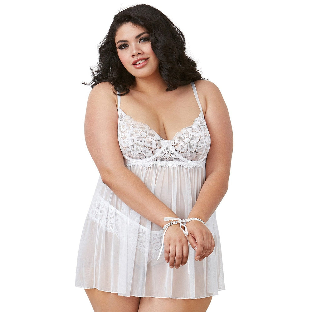 Nuisette en dentelle extensible blanche grande taille - DG11847XWHT