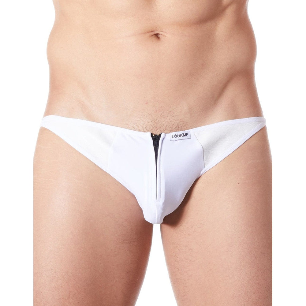 Slip brief blanc sexy avec fermeture éclair et cà´tés style cuir dos transparent - LM813-61WHT