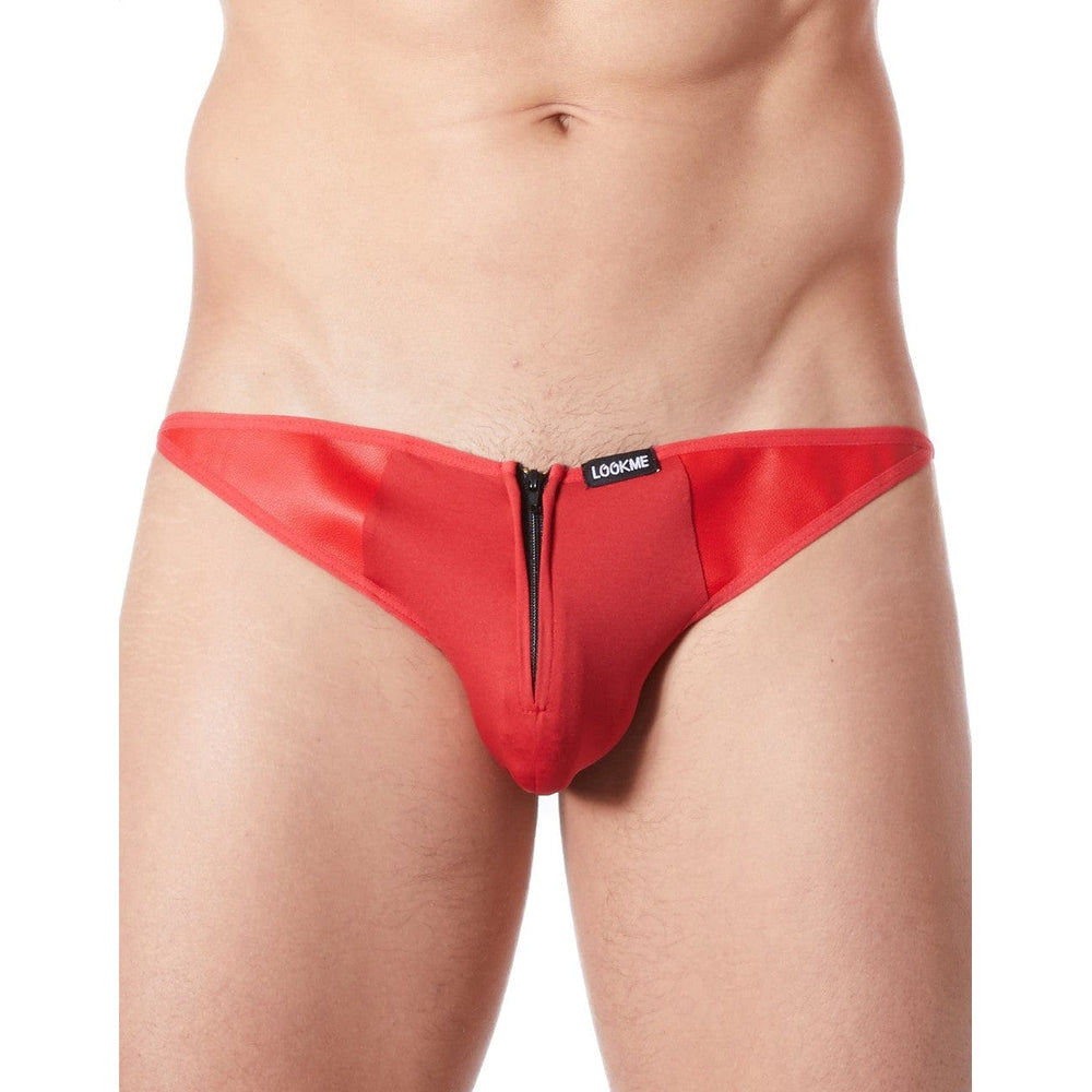 Slip brief rouge sexy avec fermeture éclair et cà´tés style cuir dos transparent - LM813-61RED