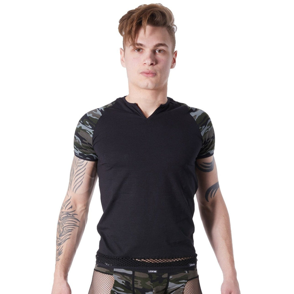 T-shirt noir sexy armée déco camouflage sur les manches et col rond ouvert - LM814-81BLK